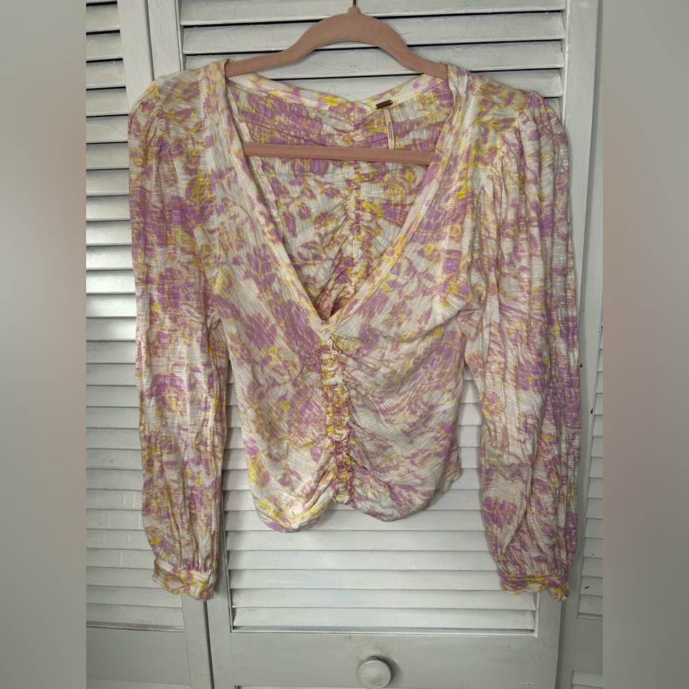 Free People Ruched V-Neck Floral Blouse - Pink & Yellow Size XS